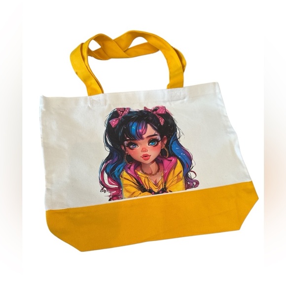 Large Canvas Tote Bag with Stylish Anime Girl Art | Hand Pressed | 17”x14” - Picture 4 of 5